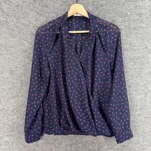 Maurices Blouse Women M Medium Blue Floral V-Neck Long Sleeve Sheer Casual